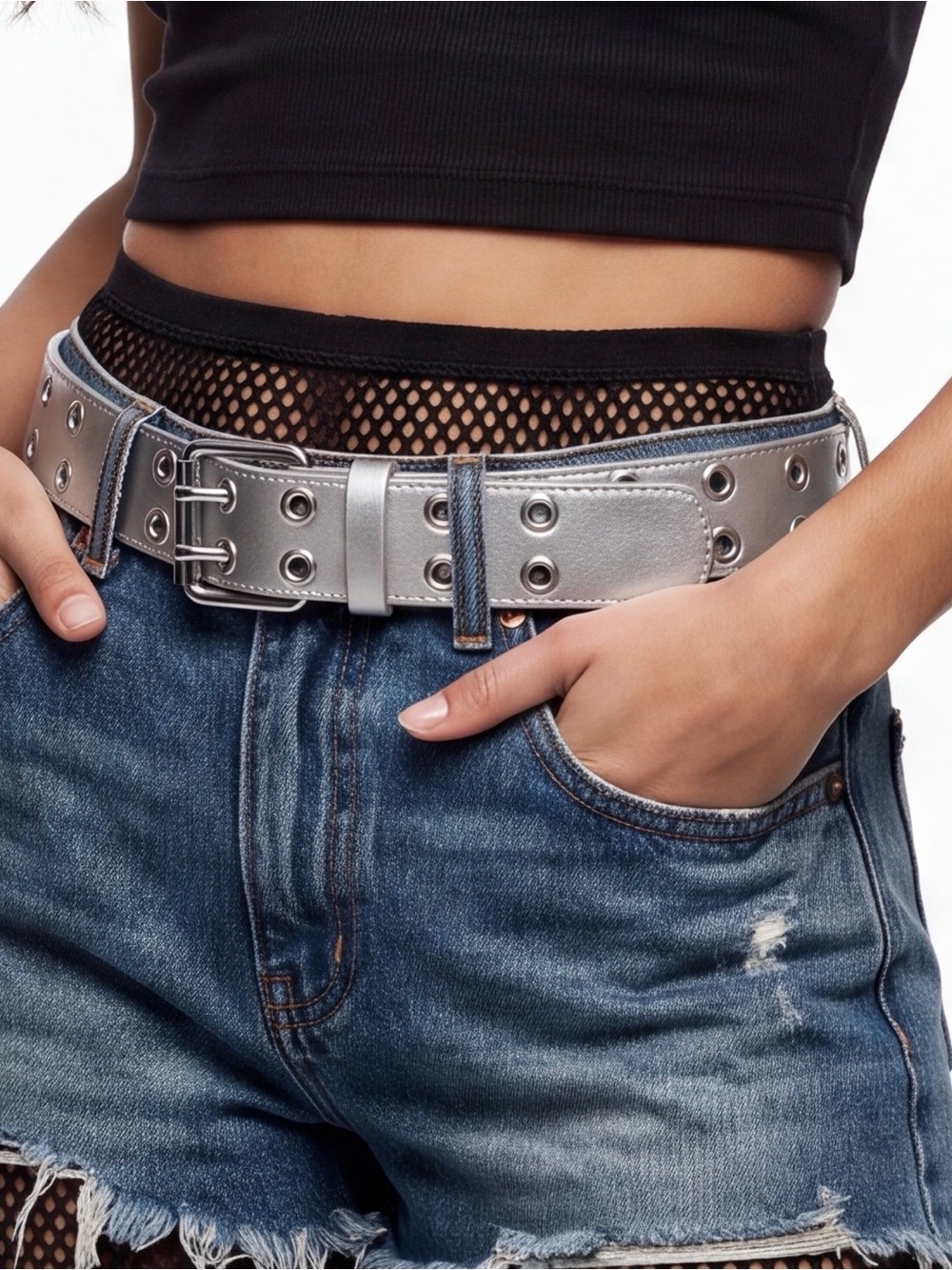 Silver Double Grommet Square Buckle Waist Belt - NEW